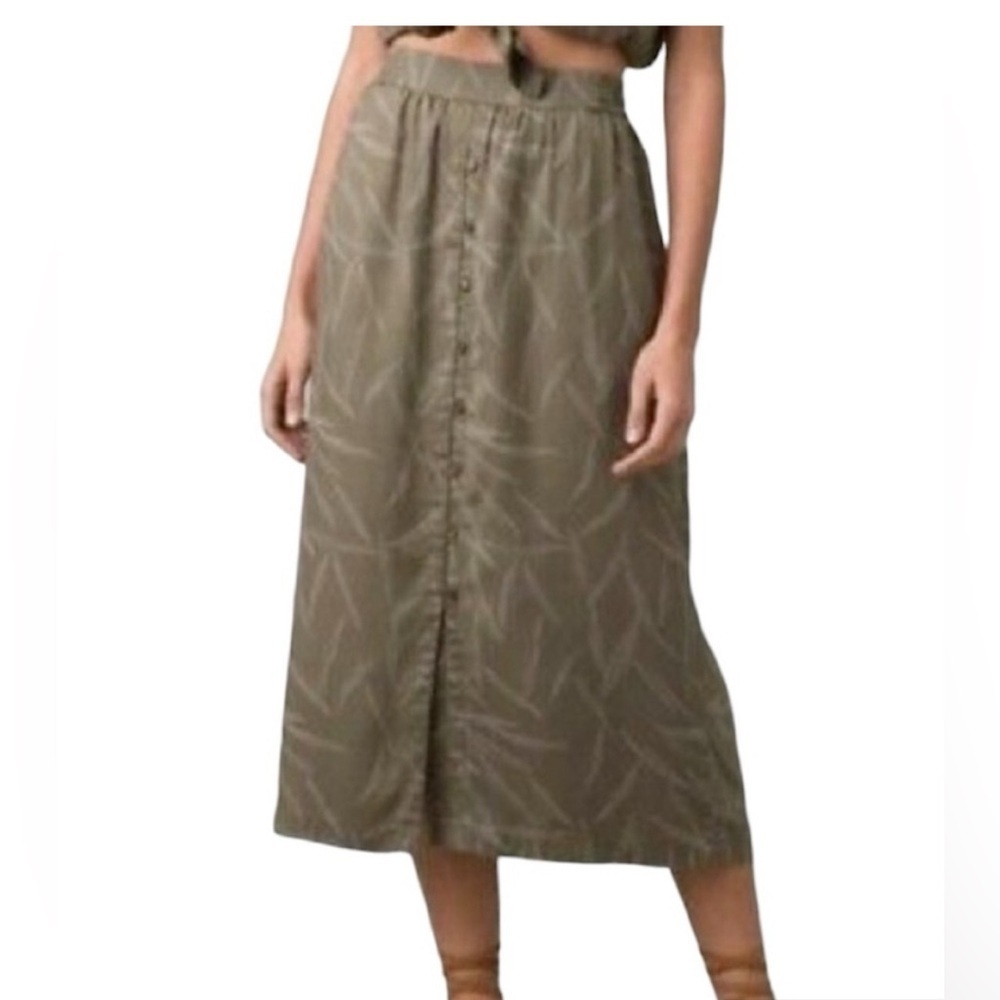 Prana Skirt Women’s Swift Lake Midi Rye Green Leaves Button Leaf Print